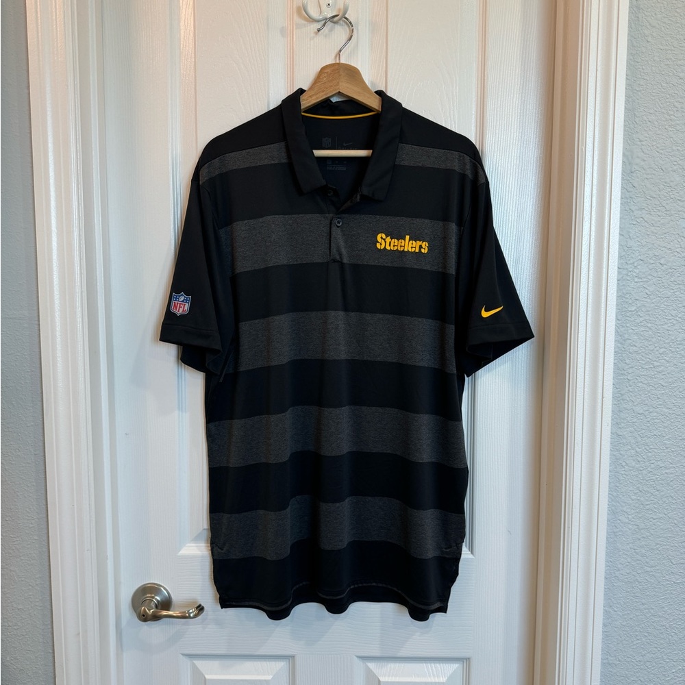 NWOT Nike On Field Dri Fit Polo NFL Pittsburgh Steelers Black Gray Stripe